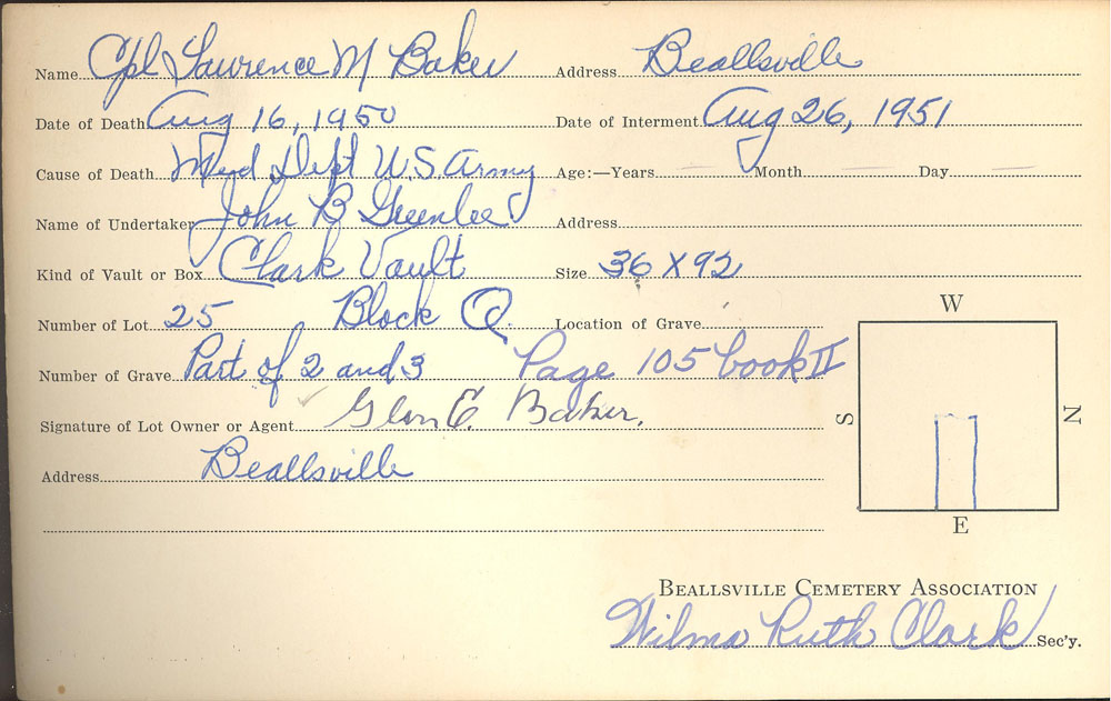 Lawrence M. Baker burial card